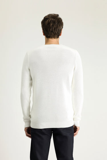 Ekru Bisiklet Yaka Slim Fit Dar Kesim Desenli Pamuklu Triko Kazak