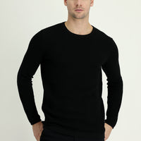 Siyah Bisiklet Yaka Slim Fit Dar Kesim Desenli Pamuklu Triko Kazak