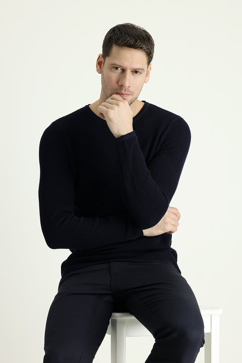 Koyu Lacivert Bisiklet Yaka Slim Fit Dar Kesim Desenli Triko Kazak