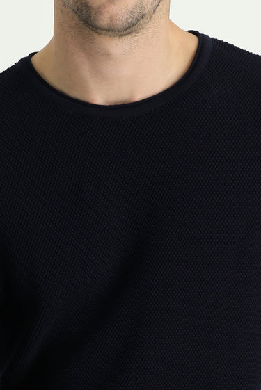 Koyu Lacivert Bisiklet Yaka Slim Fit Dar Kesim Desenli Triko Kazak