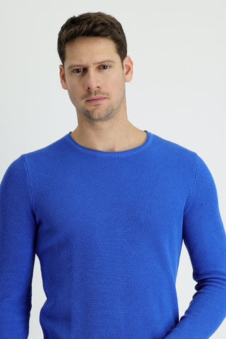  Havacı Mavi Bisiklet Yaka Slim Fit Dar Kesim Desenli Triko Kazak