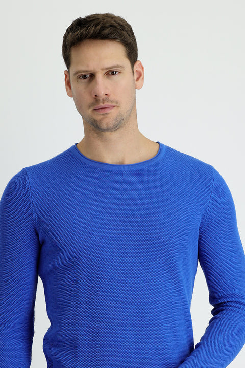 Havacı Mavi Bisiklet Yaka Slim Fit Dar Kesim Desenli Triko Kazak