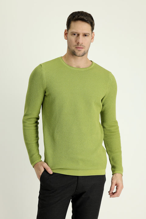 Fıstık Yeşili Bisiklet Yaka Slim Fit Dar Kesim Desenli Triko Kazak