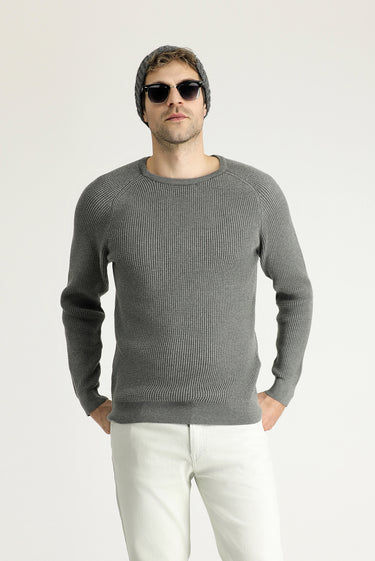 Orta Gri Melanj Bisiklet Yaka Slim Fit Dar Kesim Desenli Pamuklu Triko Kazak