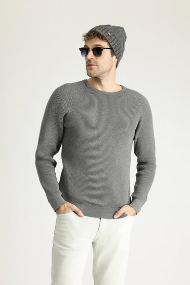 Orta Gri Melanj Bisiklet Yaka Slim Fit Dar Kesim Desenli Pamuklu Triko Kazak