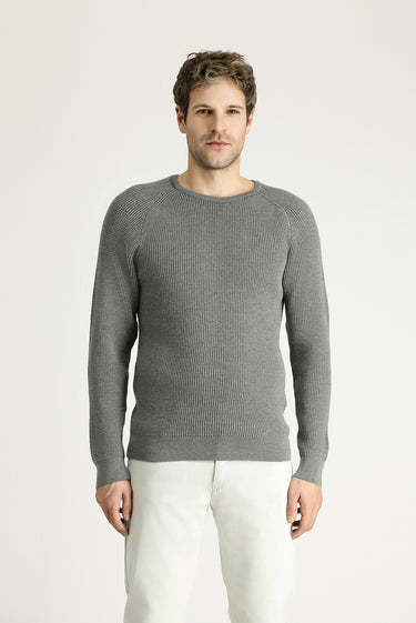 Orta Gri Melanj Bisiklet Yaka Slim Fit Dar Kesim Desenli Pamuklu Triko Kazak
