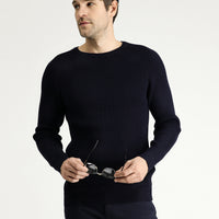 Koyu Lacivert Bisiklet Yaka Slim Fit Dar Kesim Desenli Pamuklu Triko Kazak