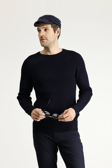 Koyu Lacivert Bisiklet Yaka Slim Fit Dar Kesim Desenli Pamuklu Triko Kazak