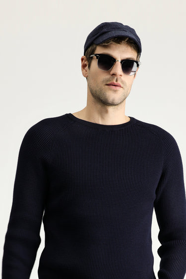 Koyu Lacivert Bisiklet Yaka Slim Fit Dar Kesim Desenli Pamuklu Triko Kazak