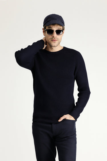 Koyu Lacivert Bisiklet Yaka Slim Fit Dar Kesim Desenli Pamuklu Triko Kazak