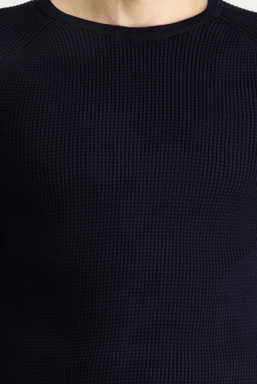 Koyu Lacivert Bisiklet Yaka Slim Fit Dar Kesim Desenli Pamuklu Triko Kazak