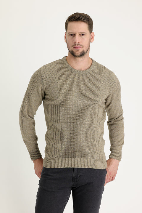 Orta Bej Bisiklet Yaka Slim Fit Dar Kesim Yünlü Desenli Triko Kazak