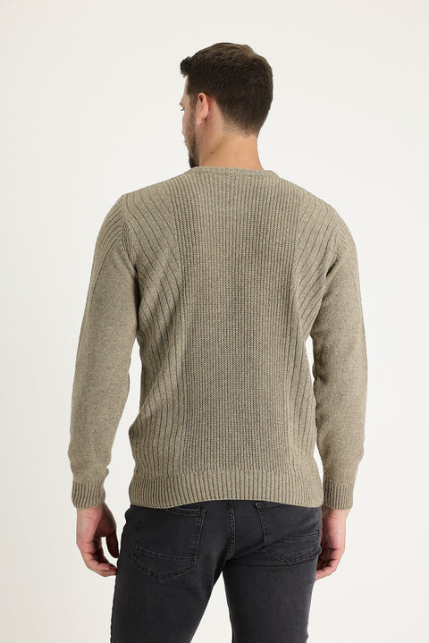 Orta Bej Bisiklet Yaka Slim Fit Dar Kesim Yünlü Desenli Triko Kazak