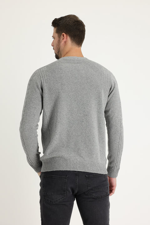 Orta Gri Bisiklet Yaka Regular Fit Yünlü Desenli Pamuklu Triko Kazak