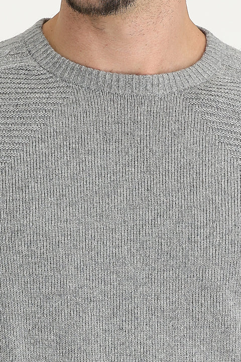 Orta Gri Bisiklet Yaka Regular Fit Yünlü Desenli Pamuklu Triko Kazak