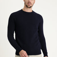 Koyu Lacivert Bisiklet Yaka Regular Fit Yünlü Desenli Pamuklu Triko Kazak