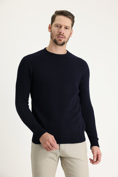 Koyu Lacivert Bisiklet Yaka Regular Fit Yünlü Desenli Pamuklu Triko Kazak