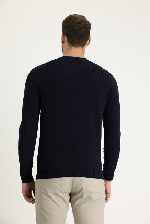 Koyu Lacivert Bisiklet Yaka Regular Fit Yünlü Desenli Pamuklu Triko Kazak