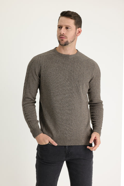 Orta Kahve Bisiklet Yaka Regular Fit Yünlü Desenli Triko Kazak