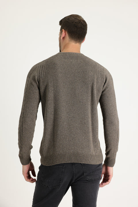 Orta Kahve Bisiklet Yaka Regular Fit Yünlü Desenli Triko Kazak