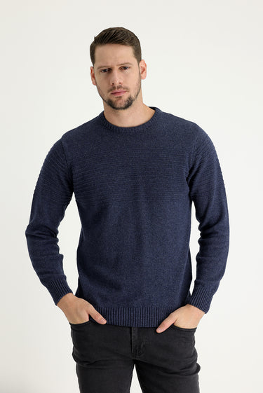 Havacı Mavi Bisiklet Yaka Slim Fit Dar Kesim Yünlü Desenli Triko Kazak