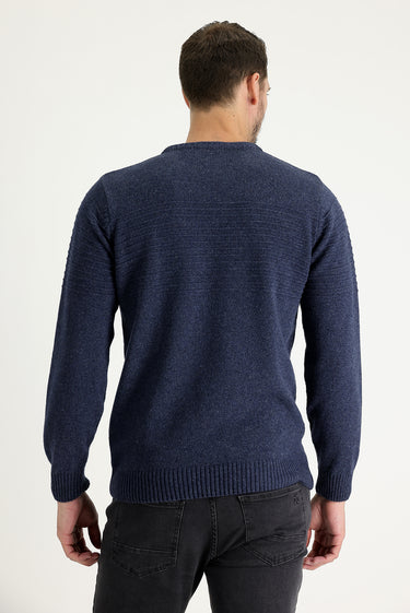 Havacı Mavi Bisiklet Yaka Slim Fit Dar Kesim Yünlü Desenli Triko Kazak