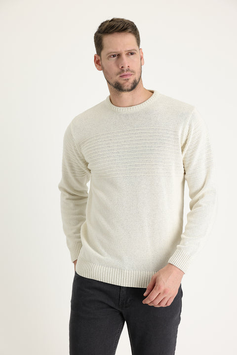 Ekru Bisiklet Yaka Slim Fit Dar Kesim Yünlü Desenli Pamuklu Triko Kazak