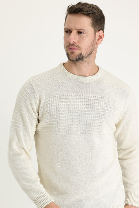 Ekru Bisiklet Yaka Slim Fit Dar Kesim Yünlü Desenli Pamuklu Triko Kazak