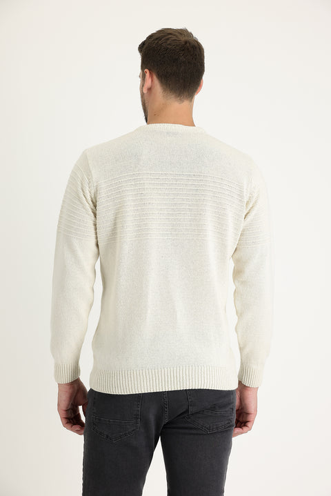 Ekru Bisiklet Yaka Slim Fit Dar Kesim Yünlü Desenli Pamuklu Triko Kazak