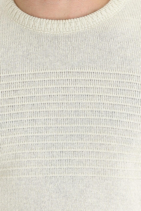 Ekru Bisiklet Yaka Slim Fit Dar Kesim Yünlü Desenli Pamuklu Triko Kazak