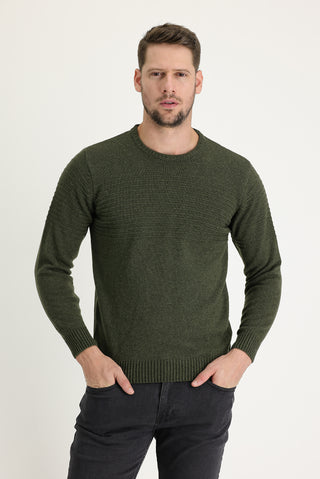  Orta Haki Bisiklet Yaka Slim Fit Dar Kesim Yünlü Desenli Triko Kazak