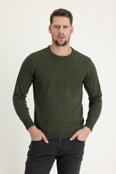 Orta Haki Bisiklet Yaka Slim Fit Dar Kesim Yünlü Desenli Triko Kazak