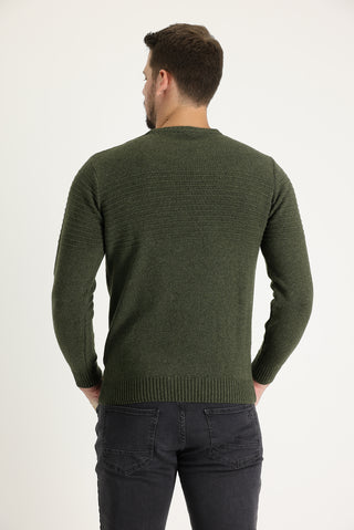  Orta Haki Bisiklet Yaka Slim Fit Dar Kesim Yünlü Desenli Triko Kazak
