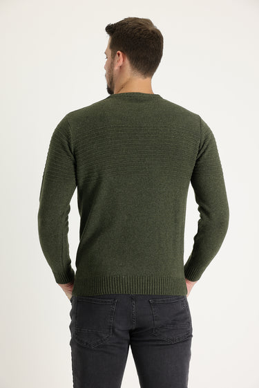Orta Haki Bisiklet Yaka Slim Fit Dar Kesim Yünlü Desenli Triko Kazak