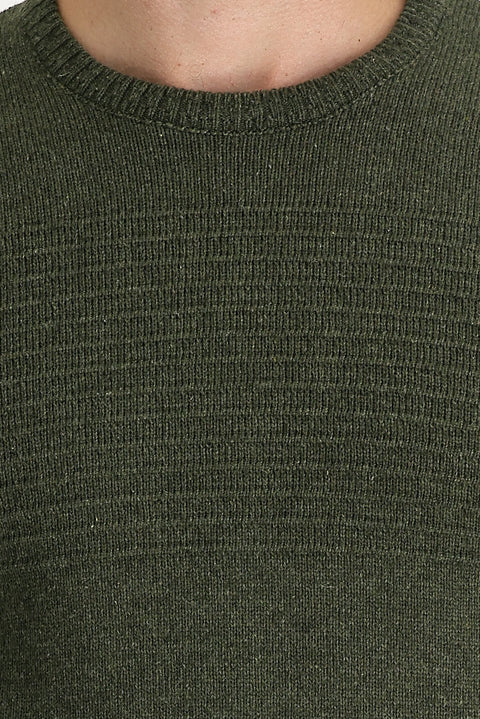 Orta Haki Bisiklet Yaka Slim Fit Dar Kesim Yünlü Desenli Triko Kazak