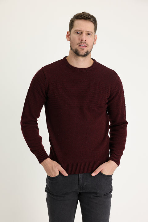 Koyu Bordo Bisiklet Yaka Slim Fit Dar Kesim Yünlü Desenli Triko Kazak