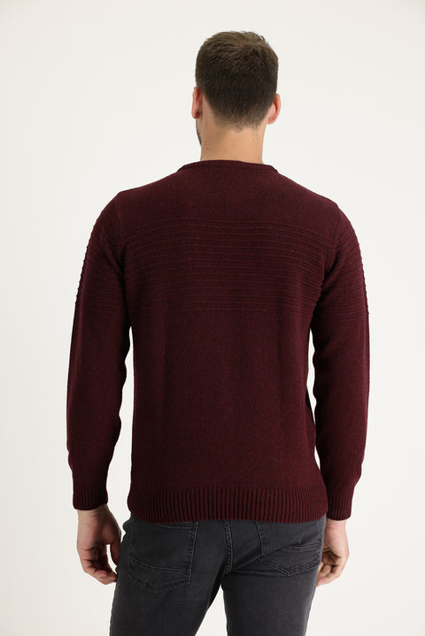 Koyu Bordo Bisiklet Yaka Slim Fit Dar Kesim Yünlü Desenli Triko Kazak
