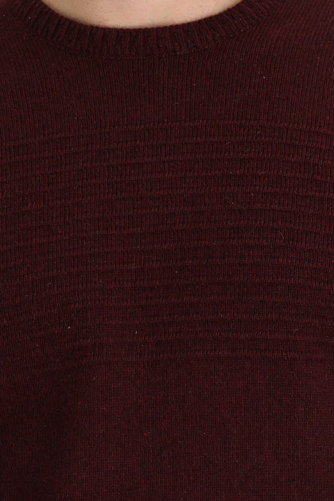 Koyu Bordo Bisiklet Yaka Slim Fit Dar Kesim Yünlü Desenli Triko Kazak
