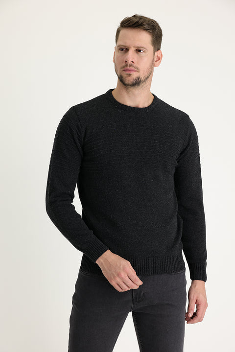 Koyu Antrasit Bisiklet Yaka Slim Fit Dar Kesim Yünlü Desenli Triko Kazak