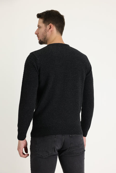 Koyu Antrasit Bisiklet Yaka Slim Fit Dar Kesim Yünlü Desenli Triko Kazak