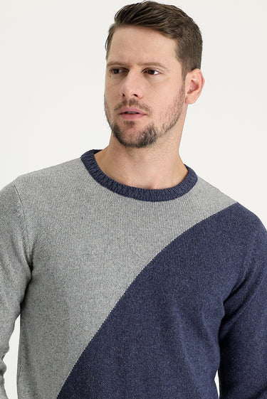Orta Gri Bisiklet Yaka Slim Fit Dar Kesim Yünlü Desenli Pamuklu Triko Kazak
