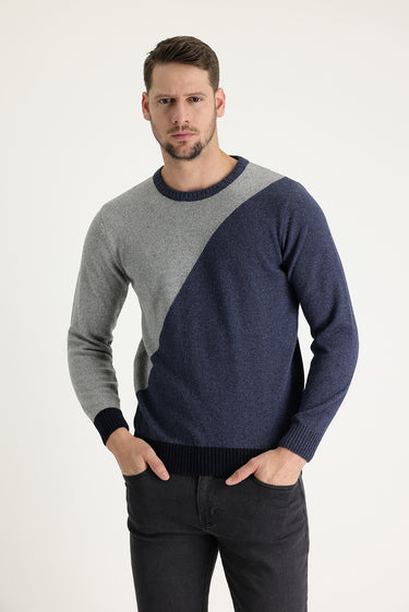 Orta Gri Bisiklet Yaka Slim Fit Dar Kesim Yünlü Desenli Pamuklu Triko Kazak