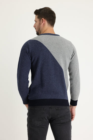 Orta Gri Bisiklet Yaka Slim Fit Dar Kesim Yünlü Desenli Pamuklu Triko Kazak