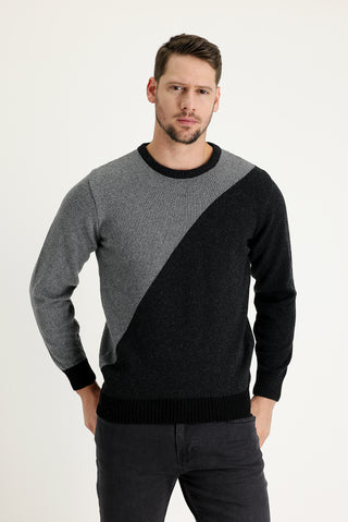  Koyu Füme Bisiklet Yaka Slim Fit Dar Kesim Yünlü Desenli Triko Kazak