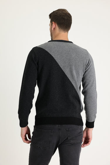  Koyu Füme Bisiklet Yaka Slim Fit Dar Kesim Yünlü Desenli Triko Kazak