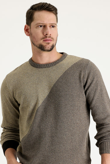 Orta Bej Bisiklet Yaka Slim Fit Dar Kesim Yünlü Desenli Triko Kazak