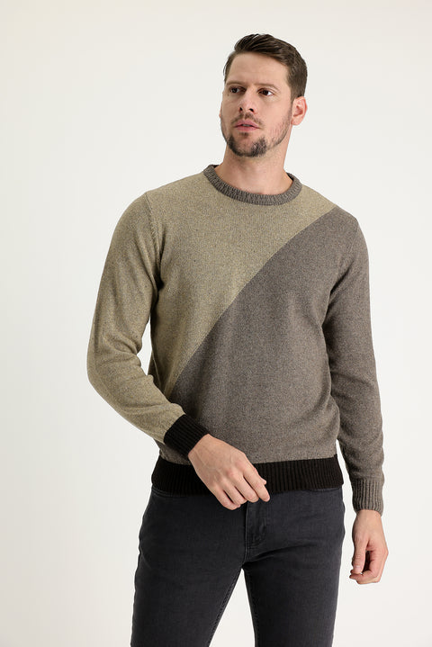 Orta Bej Bisiklet Yaka Slim Fit Dar Kesim Yünlü Desenli Pamuklu Triko Kazak
