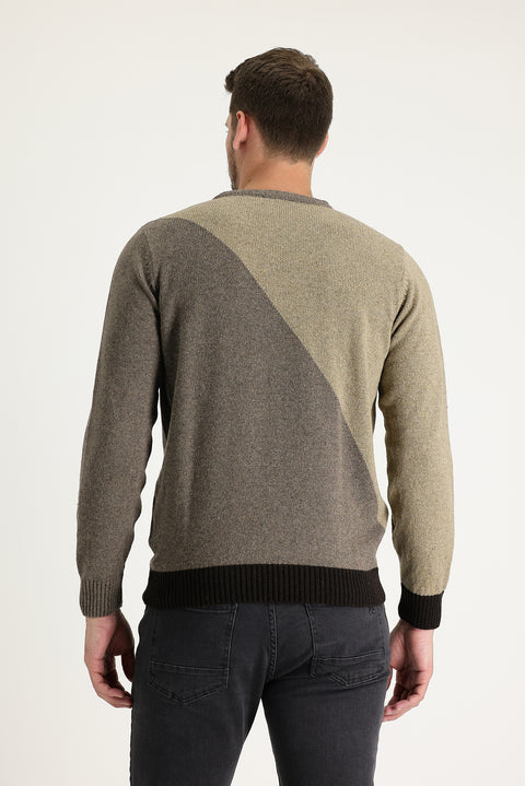 Orta Bej Bisiklet Yaka Slim Fit Dar Kesim Yünlü Desenli Pamuklu Triko Kazak