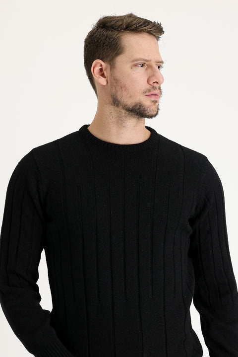 Siyah Bisiklet Yaka Slim Fit Dar Kesim Yünlü Desenli Triko Kazak