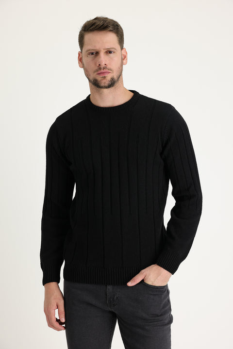 Siyah Bisiklet Yaka Slim Fit Dar Kesim Yünlü Desenli Triko Kazak